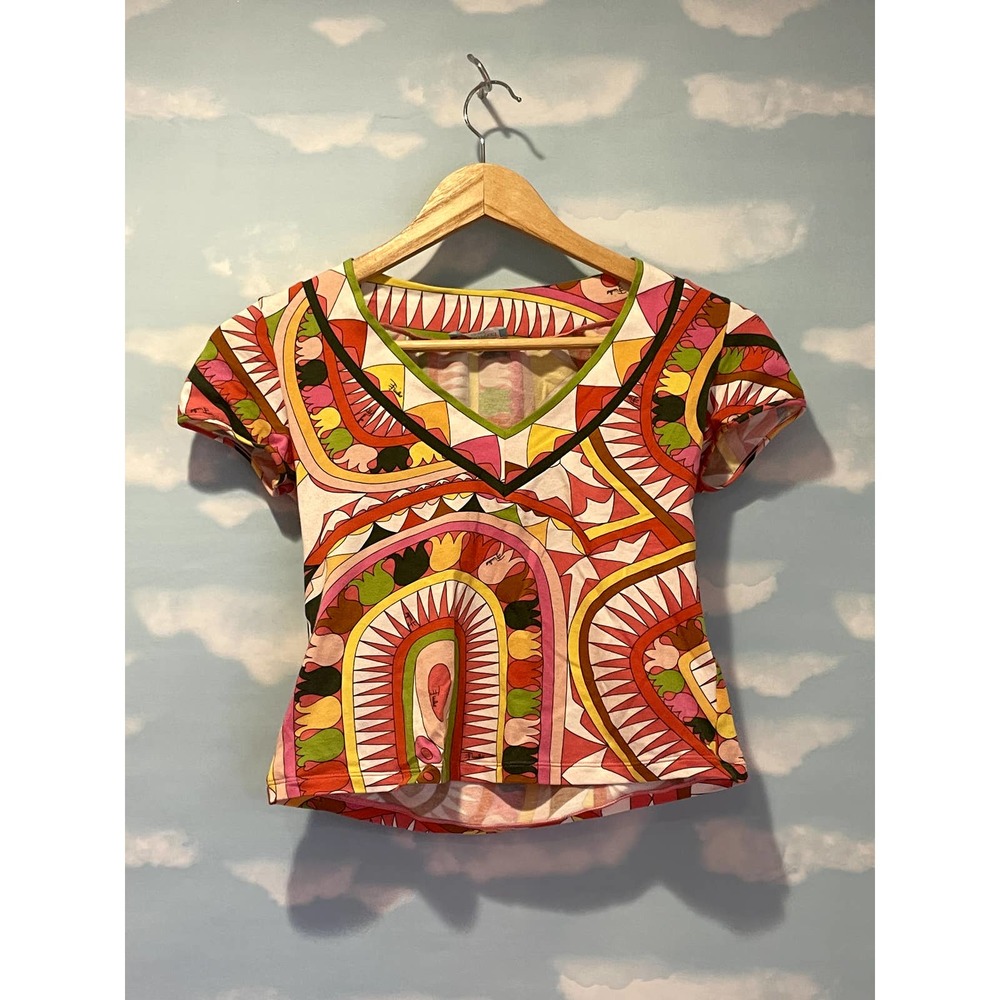 Emilio Pucci Crop Top T-shirt V-neck Pink Red XS S 0 2 4
